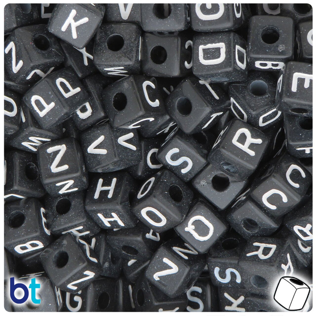 BeadTin Black Opaque 10mm Cube Plastic Alpha Beads - White Letter Mix (100pcs)